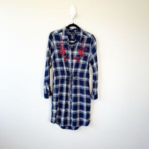 A New Approach Flannel Dress Blue Plaid Embroidered Floral Tie Waist Medium NWTs